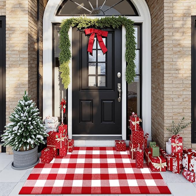 Outdoor Christmas Mats for Front Door, Cotton Washable Buffalo Plaid Rug Reversible Layered Door Mat,Farmhouse Checkered Outside Rugs for Porch Home Decor(Red & White)