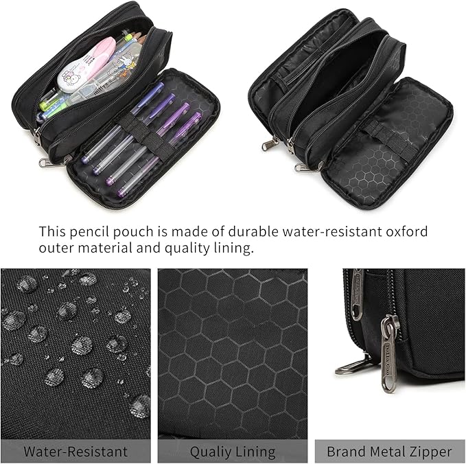 Della Gao Large Capacity Pencil Case, Aesthetic Pencil Pouch with 3 Compartments Nylon Storage Pen Bag Office Stationery Organizer for Women and Men- Black