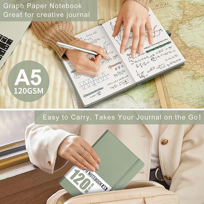 AHGXG Graph Paper Notebook - Grid Notebook Journal A5, 120 GSM Thick Graph Paper, 160 Pages, Leather Hardcover, for Graphing, Writing, Math, Engineering, 5.75'' × 8.38''- Sage Green