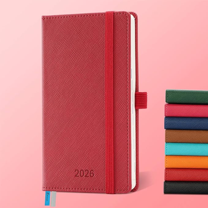 Weekly Monthly 2026 Planner (Jan.26-Dec.26),6.5"x3.75",12 Months Agenda Plan with Month Tabs & Pocket,Expenses/Note Pages, Appointment Book Calendar with Hardcover Vegan Leather Cover,Red