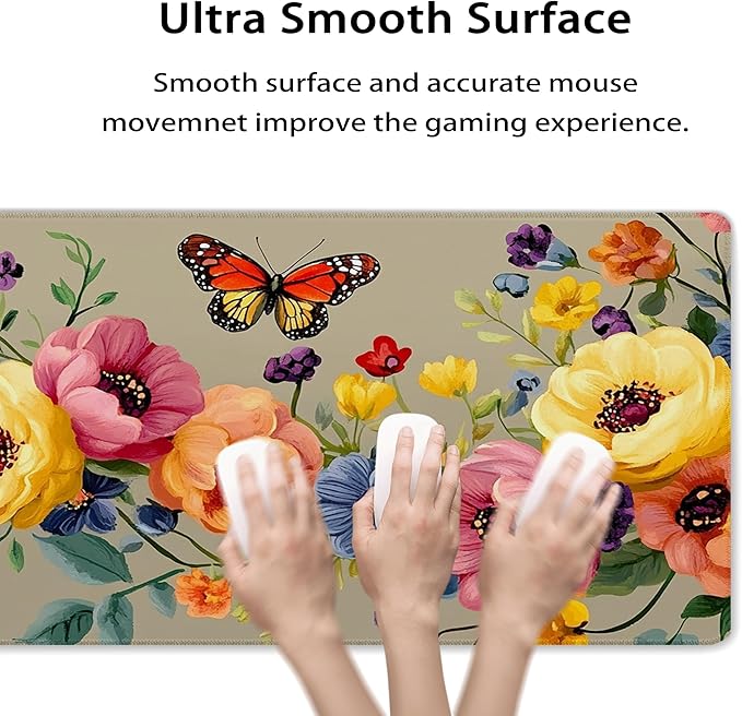 31.5”x11.8”Large Gaming Mouse Pad for Desk, Mouse Mat with Seamed Edges, Waterproof Desk Pad, Non-Slip Rubber Base, Keyboard Pad Computer Mat, Big XL Mousepad-Boho Floral with Butterflies