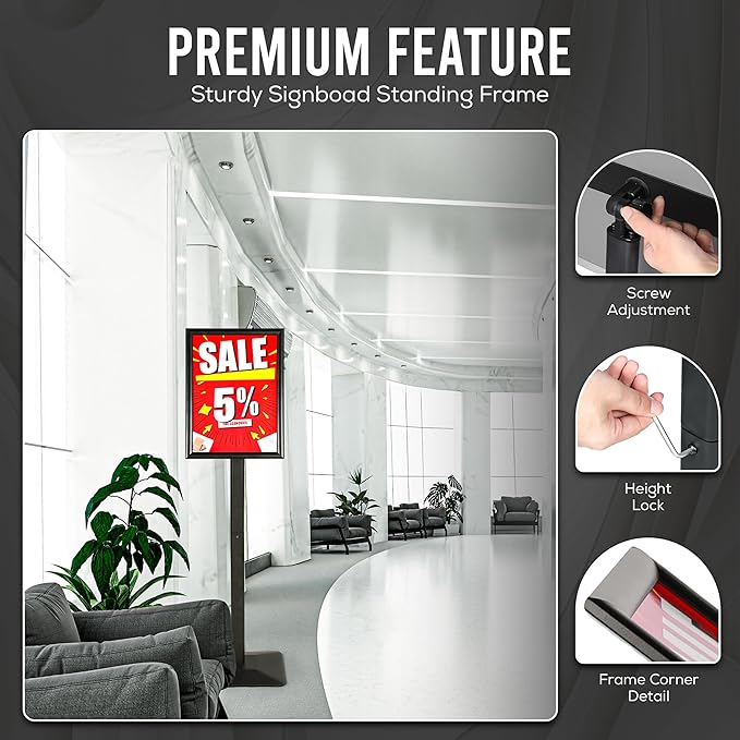 11x17 Standing Sign holder, 360° Adjustable Head and Tool Free Height Adjustment for Advertisement – Pedestal Stand Sign holder with Sturdy Safe Corners and Anti-Tip 4mm Thick Base