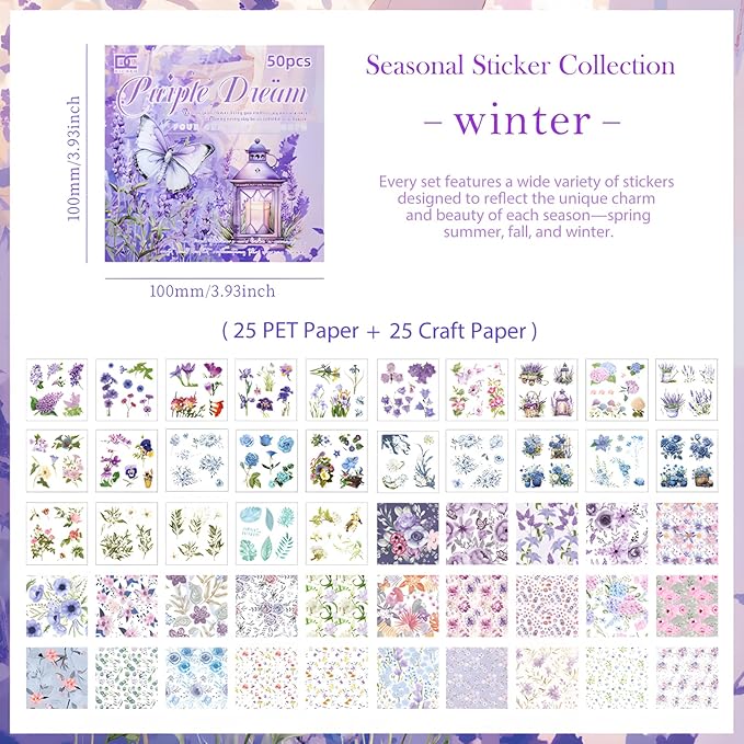 Snycler Scrapbooking Supplies, Vintage Journaling - 25 Sheets PET & 25 Sheets Paper Stickers, DIY Craft Stickers for Junk Journals, Ephemera Sticker Book, Purple Flower Themes, Pre-Cut Designs