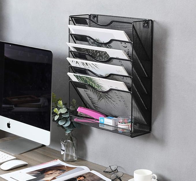 EasyPAG 5-Tier Wall File Holder, Mesh Hanging Folder Organizer with Classify Label, Versatile Desk File Organizer for Office Home, Space-Saving Vertical Wall Mounted Mail Paper Sorter, Black