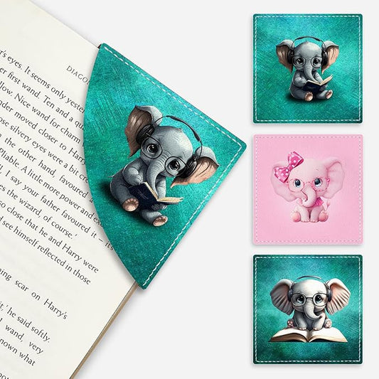 Cute Elephant Corner Bookmarks, Funny Leather Book Accessories for Book Lovers, 3 Pcs Reading Book Page Markers for Women Men Student Teacher Girls Boys Kids Retirement Birthday Gifts