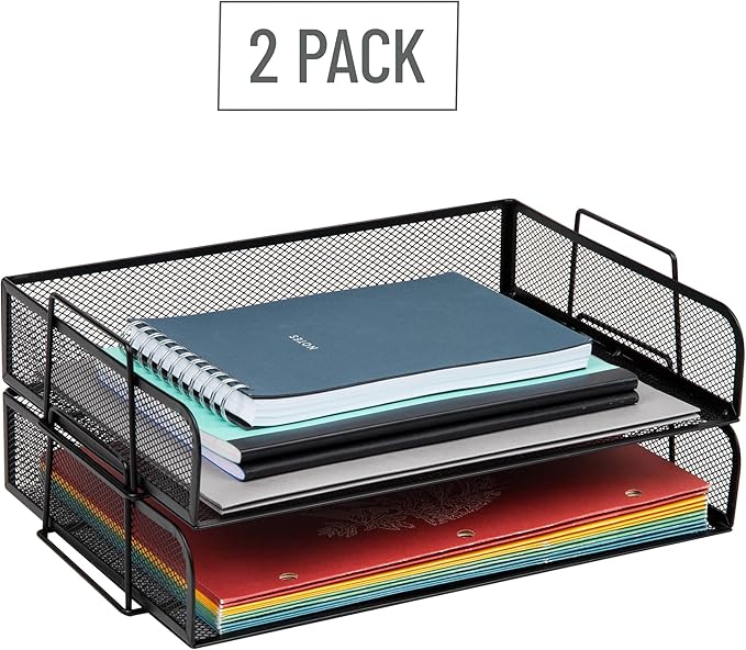 Mind Reader Stackable Paper Tray, Desktop Organizer, File Storage, Office, Metal Mesh, 13.25" L x 9.75" W x 6.25" H, 2 Pcs., Black