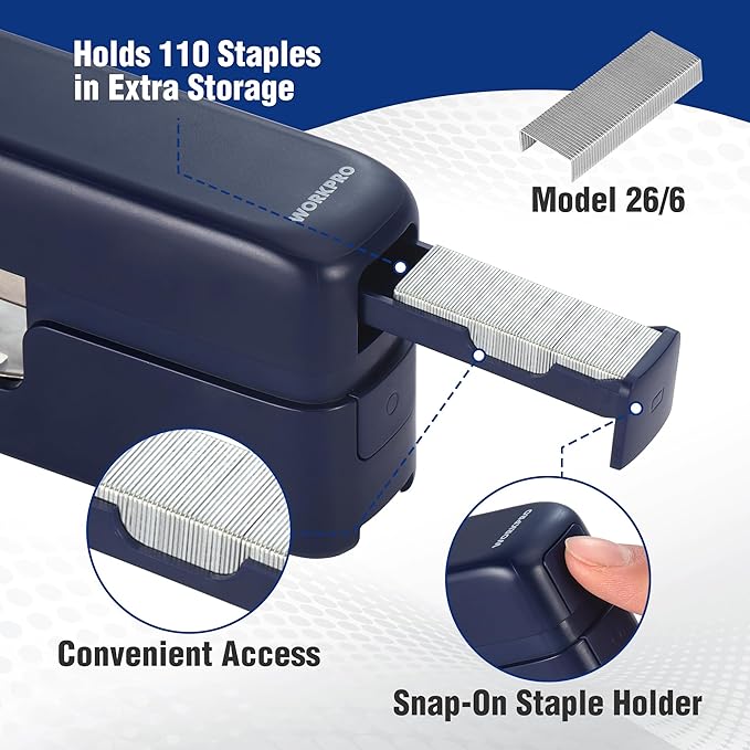 WORKPRO 2-in-1 Stapler with Staples & Staple Remover, 40 Sheet Capacity, Flat Clinch Design, Storage Space, Includes 2000 Standard Staples - Non-Slip Office Stapler for Desk, Classroom, Dark Blue