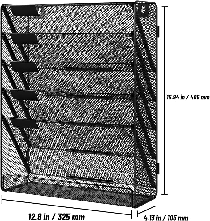 6 Tier Wall File Mounted Magazine Rack with Tray Mesh A4 Paper Organiser Mail Holder Storage, Black