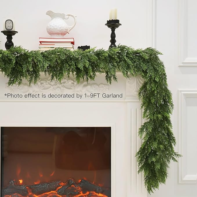 12FT Christmas Cedar Garland Artificial Realistic Green Faux Real Touch Winter Pine Garland for Mantle Fireplace Wall Table Indoor Outdoor Decoraiton