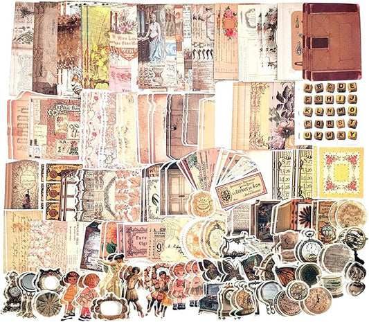 200PCS Vintage Scrapbooking Supplies Pack, Aesthetic Scrapbook Sticker Paper Art Journaling Kit for Bullet Junk Journals,Planner,Cottagecore Decor Gifts (Retro)