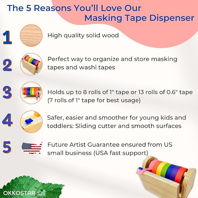 Wood Masking Tape Holder, Kids Tape Dispenser, Craft Tape Dispenser, Multi Roll Tape Dispenser for Kids, Washi Tape Dispenser, Multi Tape Dispenser (Sliding Cutter) *Masking Tape NOT Included