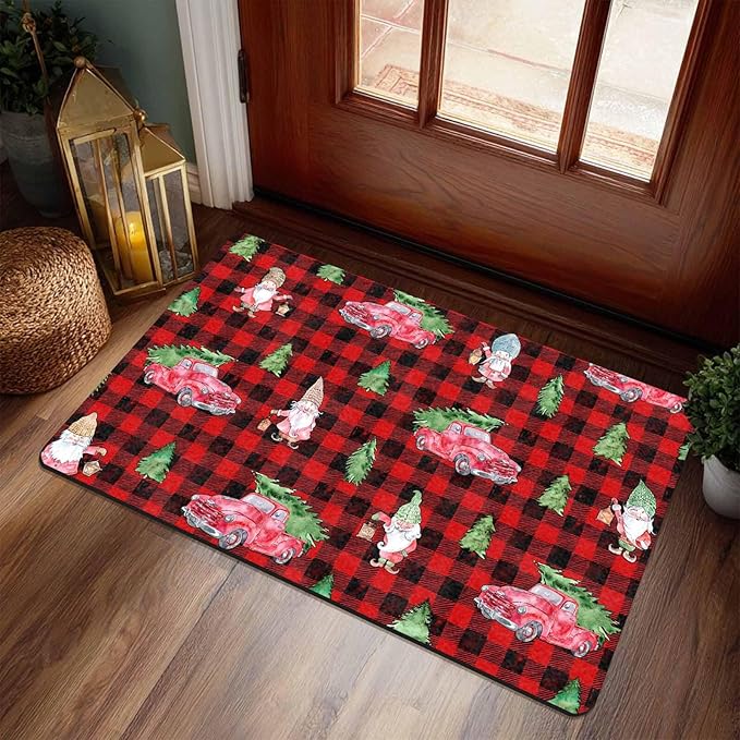 Christmas Front Door Mat Entryway Rug Buffalo Plaid Welcome Matt Front Porch Rugs Santa Claus Truck Doormat Outdoor Entrance Outdoor Rug Floor Mats, 16" x 24" Inch