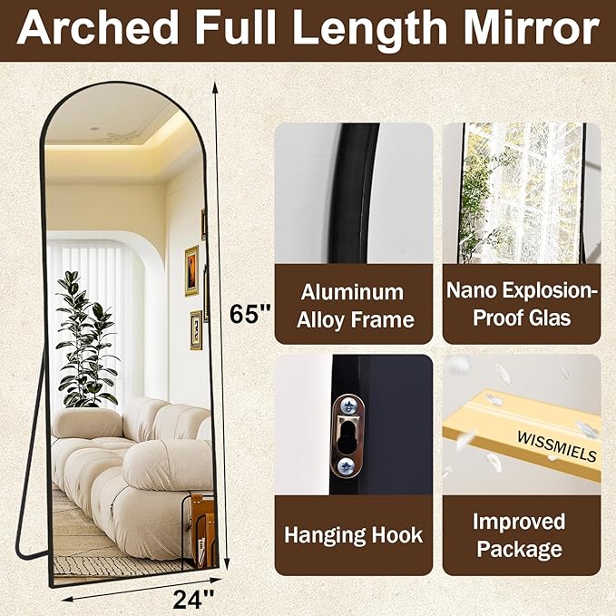 65" x 24"Arched Full Length Mirror - Wall Mounted Floor Mirror- Aluminum Alloy Frame Full Body Mirror for Bathroom Living Room Bedroom and Entryway Black