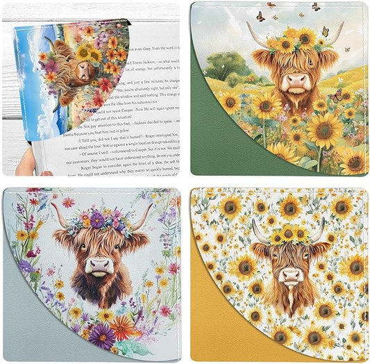 4 Pcs Highland Cow Leather Bookmark Cute Sunflower Book Corner Bookmarks Floral Book Accessories for Women Book Lovers Reading Lover Teacher Student Girls Gift