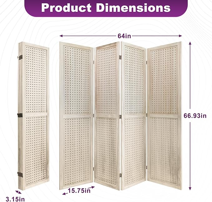 Room Divider, 5.6FT Folding Room Divider Panel, 4 Panel Pegboard Display Wood Partition Wall Divider for Room Separation& Craft Shows, Natural Wood