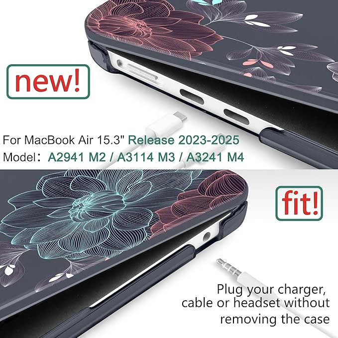 DONGKE Compatible with M4 MacBook Air 15 inch Case 2025 2024 2023 A3241 A3114 A2941 M3 M2 Liquid Retina Display Touch ID, Plastic Hard Case & Keyboard Skin & Screen Protector - Dahlia Flowers
