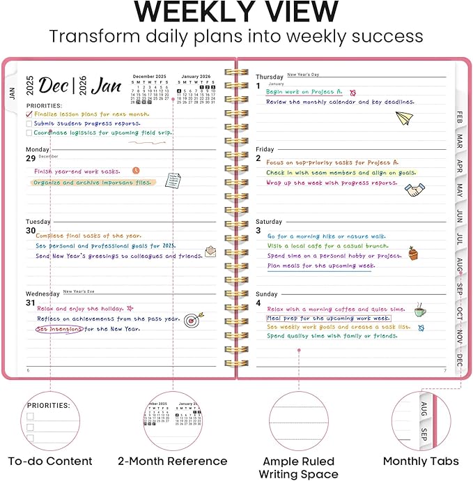 2026 Planner, Weekly and Monthly Calendar Planner Book, January 2026 - December 2026, Hardcover Spiral Planner with Monthly Tabs, Notes Pages, Perfect for Women & Men, A5 (6.4" x 8.5") - Rose Red