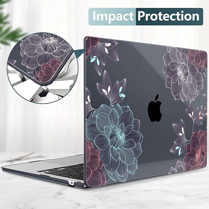 DONGKE Compatible with M4 MacBook Air 15 inch Case 2025 2024 2023 A3241 A3114 A2941 M3 M2 Liquid Retina Display Touch ID, Plastic Hard Case & Keyboard Skin & Screen Protector - Dahlia Flowers