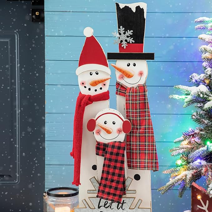 Glitzhome 35.43" H Wooden Snowman Family Porch Decor Merry Christmas Home Indoor Outdoor Porch Wall Christmas Decoration