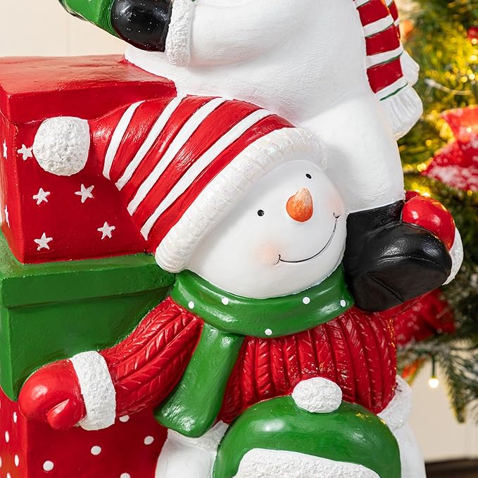Glitzhome Christmas Stacked Triple Snowman Porch Decor, 35.25"H Resin Statue with Gift Boxes, Hand-Painted Outdoor/Indoor Holiday Display for Entryway