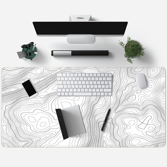 Desk Mat Large Gaming White Mouse Pad Minimalist Topographic Map Desk Mat Extended XL Mousepad 31.5x15.7 in Anti-Slip Desk Pad Keyboard Mousepad Stitched Edges Large Mouse Pad Grey