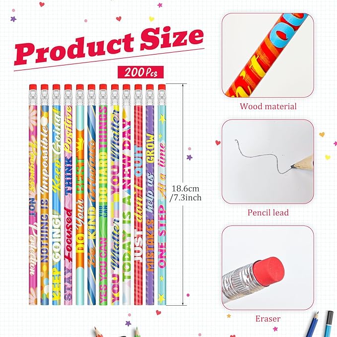 Cinrobiye 200 PCS Inspirational Pencils Bulk,Motivational School Wood Pencils,Encourage Positive Pencil Party Favors Gifts Pencil Back to School Supplies for Kids Student Teacher Classroom Reward