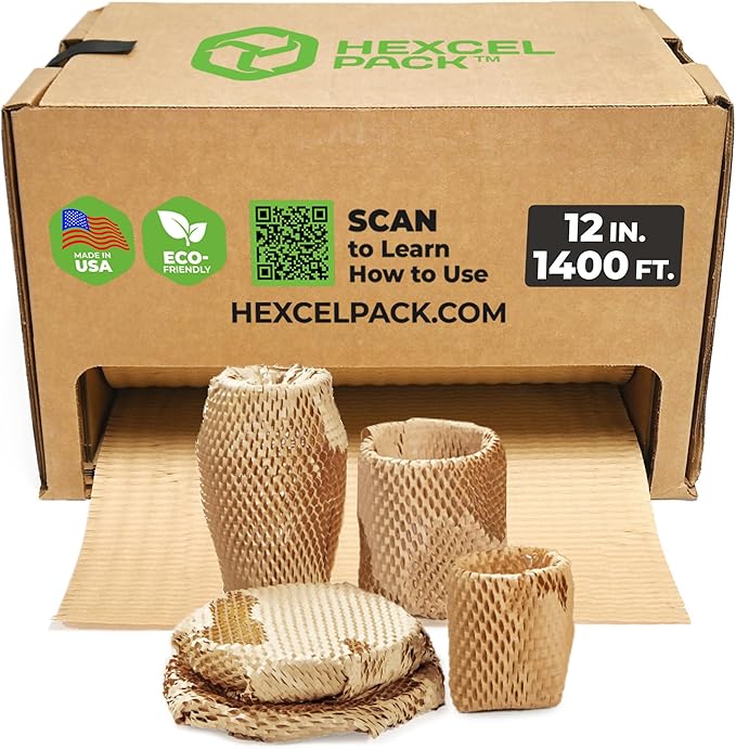 HexcelWrap Mini - Honeycomb Packing Paper, Eco-Friendly, Sustainable Paper Bubble Wrap for Shipping & Moving, Cushioned Packing Material in Easy Self-Dispenser Box - Natural, 12" x 1400'