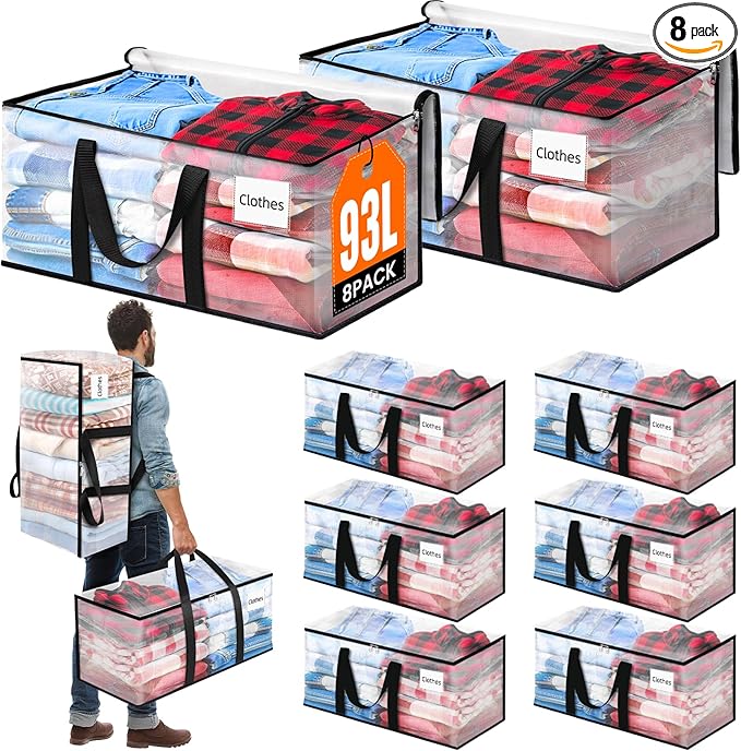 BlissTotes 8-Pack Large Moving Bags with Backpack Straps & Strong Zippers, Heavy-Duty Storage Bags Moving Boxes for Space Saving, Dorms, Transport, 93L-25 Gallons, Clear