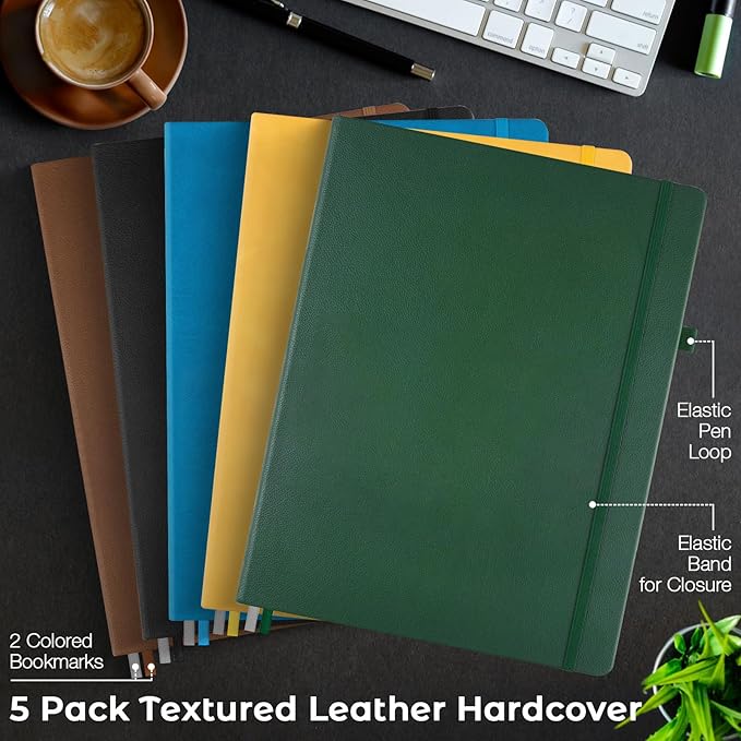 5 Pack College Ruled Notebook, A4 Hardcover Leather Notebook for Work, Lined Notebook Journal for Women, Men, 192 Thick Paper, 8.5" x 11", Large Notebook, Professional Business Notebook, Multicolor