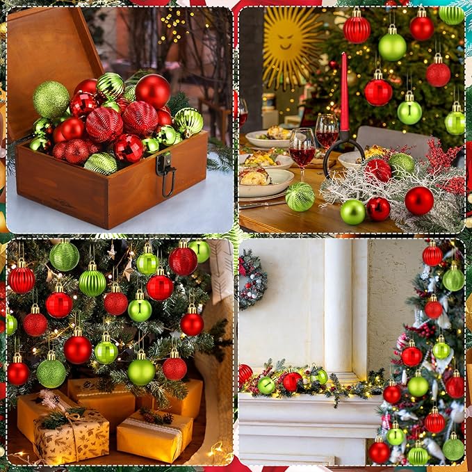64 Pcs Christmas Ball Ornaments Lime Green Red Plastic Glitter Christmas Tree Decoration Assorted Size Hanging Xmas Ornament for Tree Home Indoor Decor, 1.6/1.97/2.4 Inch
