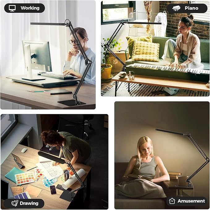 SKYLEO LED Desk Lamp with Slim Base - Adjustable Swing Arm Desk Light, Dimmable, Timer, Eye Protection, Memory Function, 1300LM, 12W, Black