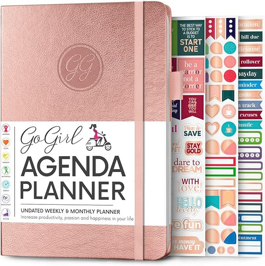 GoGirl Planner Agenda – Colorful Undated Monthly & Weekly Organizer for Women, Journal for Time Management & Productivity (Rose Gold)