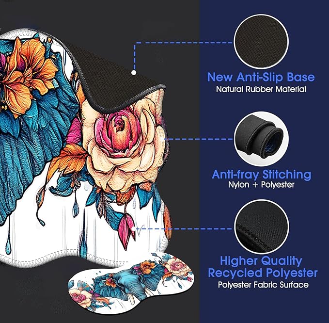 Large Mouse Pad and Keyboard Wrist Rest, Desk Pad for Keyboard and Mouse, 4-in-1 Large Gaming Mouse Pad with Wrist Support, Desk Mat for Home Office Study Game-Floral Elephant
