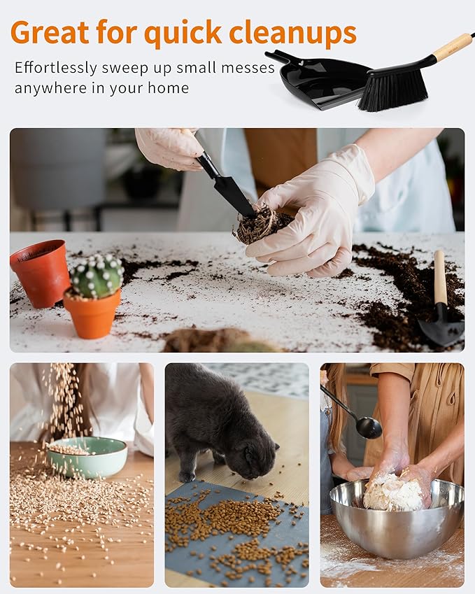 MR.SIGA Dustpan and Brush Set, Portable Cleaning Brush and Dustpan Combo with Bamboo Handle, Black, 1 Set