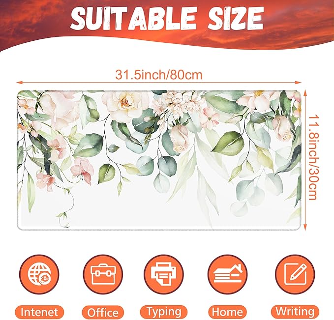 Desk Mat, Watercolor Pink Flowers Desk Pad, Green Leaves Flowers Large Gaming Mouse Pad for Desk, 31.5"x15.7" Extended Big Computer Keyboard Mouse Pad with Non-Slip Base and Stitched Edge