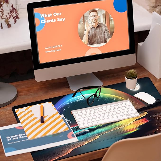 Desk Mat, Rainbow and Full Moon Desk Pad, Beach at Night Large Gaming Mouse Pad for Desk, 31.5"x15.7" Extended Big Computer Keyboard Mouse Pad with Non-Slip Base and Stitched Edge