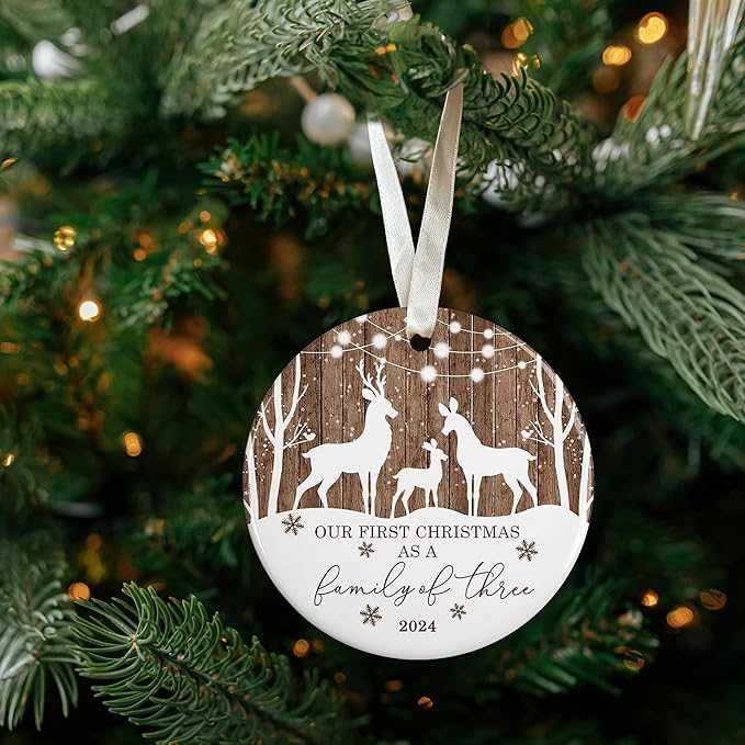 Family Christmas Ornaments 2024 - New Mom and Dad Gifts First Time 2024 - Our First Christmas as a Family of 3 Ornament - Ceramic Ornament