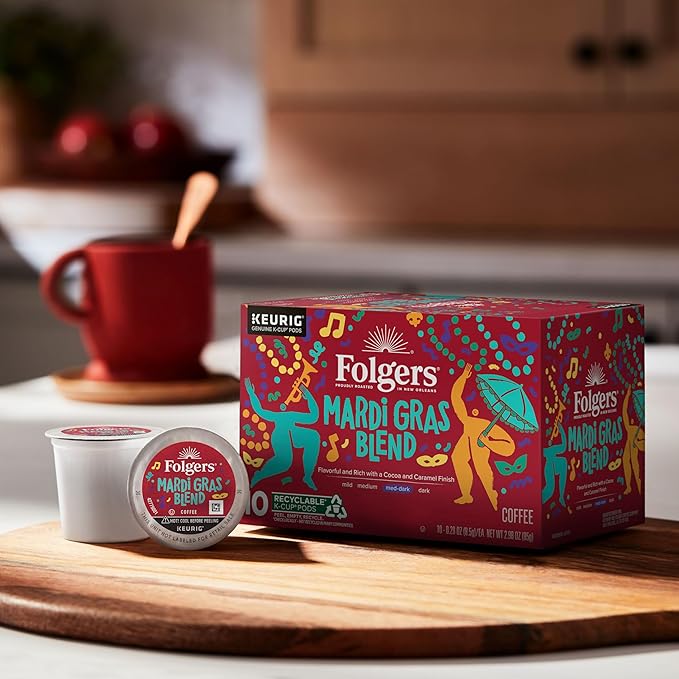 Folgers Mardi Gras Blend Medium-Dark Roast Coffee, Keurig K-Cup pods, 10 Count Box (Pack of 6)
