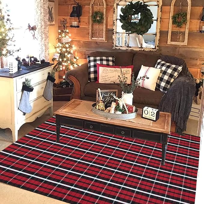 Buffalo Plaid Outdoor Rug 4' x 6' Christmas Door Mat Christmas Decor Welcome Rug Cotton Hand-Woven Layered Door Mats for Front Porch, Kitchen, Farmhouse, Entryway