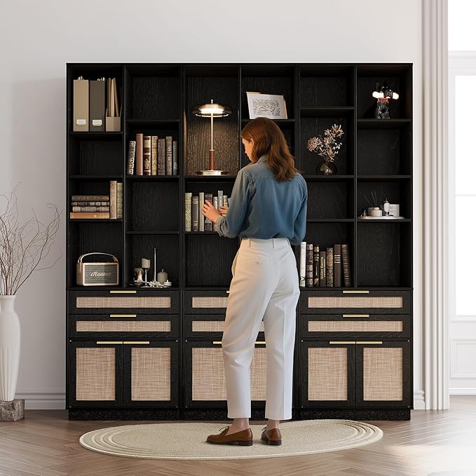 Bookshelf, Bookcase with Doors and 2 Drawers, Rattan Tall Bookshelf with 4-Tier Storage Shelves, 73 inch Wooden Book Shelf for Home Office, Living Room, Black