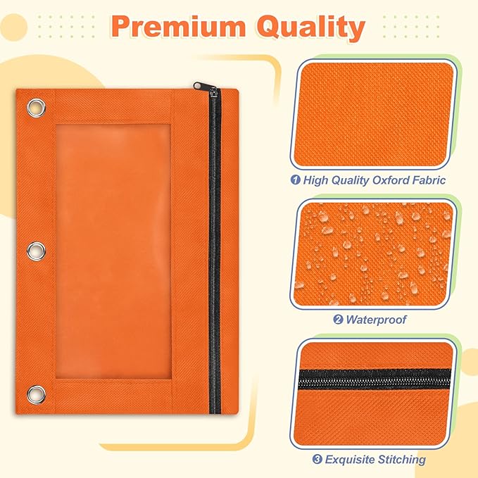Shemira Pencil Pouch for 3 Ring Binder, Binder Pencil Pouch with Smooth Zipper, Clear Window Pencil Case for Binder, Zipper Pencil Pouches, Big Capacity 3 Ring Binder Pencil Bag, Orange