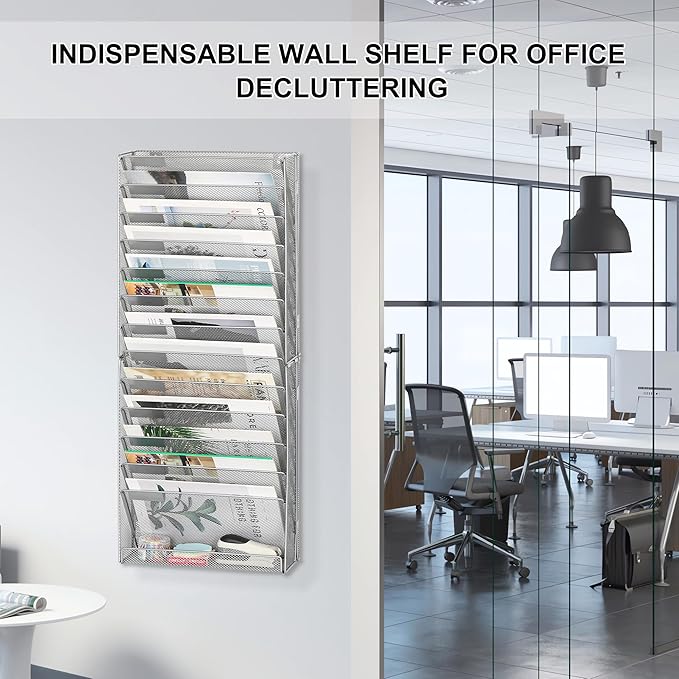 EasyPAG 14 Tier Wall File Holder with Flat Tray, Silver | Easy Assemble Mesh Desk File Organizer | 13-Folder Paper Storage | Replaceable Classify Labels | Space Saving Mail Organizer for Office Home