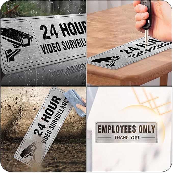 24 Hour Video Surveillance Sign Aluminum Silver 9 x 3 Inches Self-Adhesive Waterproof Metal Door Wall Sign for Business Restaurants 4 Pack