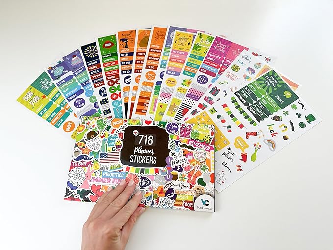 Vladi Creative Aesthetic Planner Stickers – 718 Matte Stickers / 13 Sheets – Seasonal, Holiday, Functional & Productivity – Easy-Peel – Ideal for Bullet Journals, Calendars, Scrapbooking