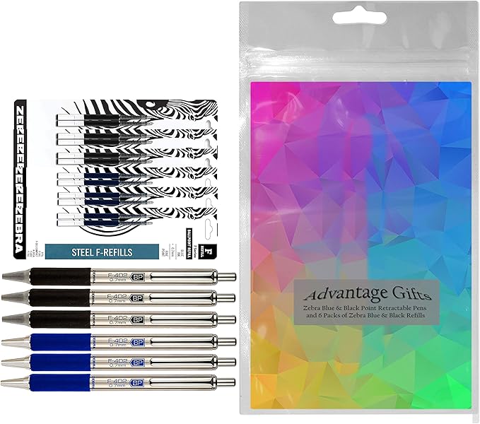 Zebra F-402 Ballpoint Stainless Steel Retractable Pens With Refills, Fine Point, 0.7mm, Black/Blue Ink, 12-Count Bundle with Plastic Reusable Pouch
