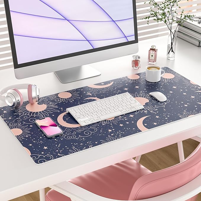 Colorful Star Starry Sky Large Mouse Pad, Celestial Moon and Sun Extended Gaming Mouse Pad Non-Slip Desk Mat, Leather Blue Keyboard Mat for Desktop Gaming Mousepad Accessories 31.5"x15.7"