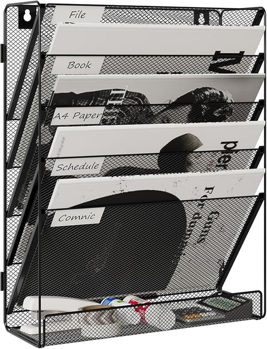 6 Tier File Wall Mounted Magazine Rack with Tray Mesh A4 Paper Organiser Mail Holder Storage No-Side, Black