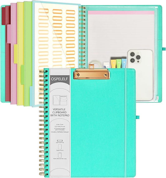 Ospelelf Foldable Spiral Clipboard Folio with Storage Zipper Pouch, 5 Plastic Folders with 10 Pockets,Refillable Lined Notepad (11" x 8.5"), Hardcover Project Organizer with 39 Stickers (Aqua)