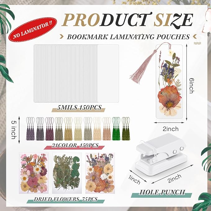 150 Pcs DIY Pressed Dried Flower Bookmark Making Kit, DIY Bookmark Bulk Thanksgiving Teacher Gifts for Reading Women Book Lovers(2 x 6 Inch,Retro Color)