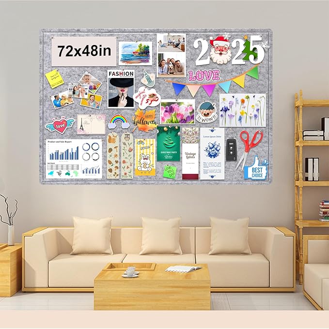 Large Bulletin Board, 72x48 Inches Cork Board Alternative, Large Felt Board Decorative Pin Board for Wall, Foldable Photo Board Self-Adhesive Vision Board with 36 Pushpins Light Gray